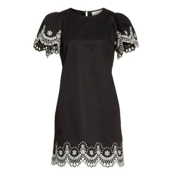 Kate Spade Mini Dress Small Black Short Sleeve Shift Cotton Floral Embroidered - Picture 12 of 12
